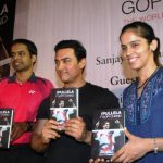Pullela Gopichand with Aamir Khan and Saina Nehwal at his book launch