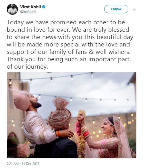 Virat Kohli and Anushka Sharma wedding news on twitter