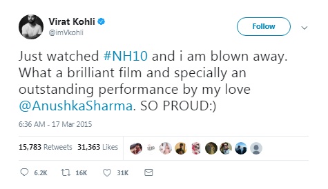 Virat Kohli tweet after watching NH 10