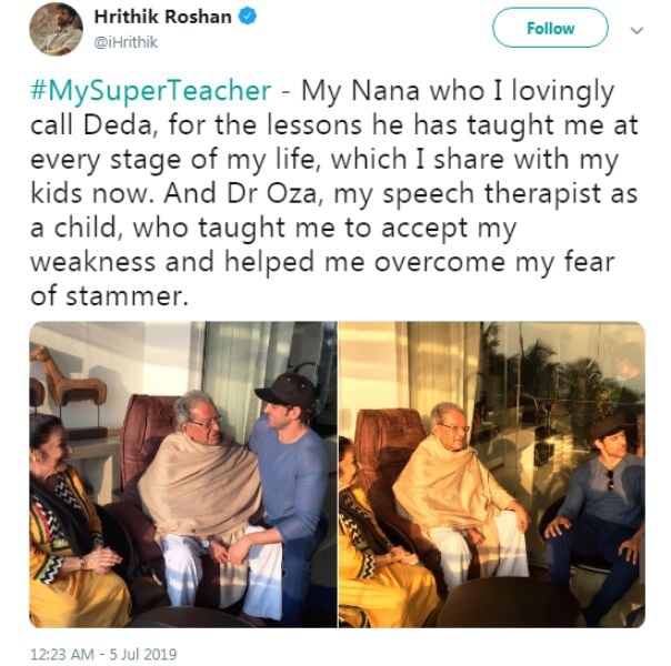 Hrithik Roshan's Twitter Post Dedicated To His Super Teachers