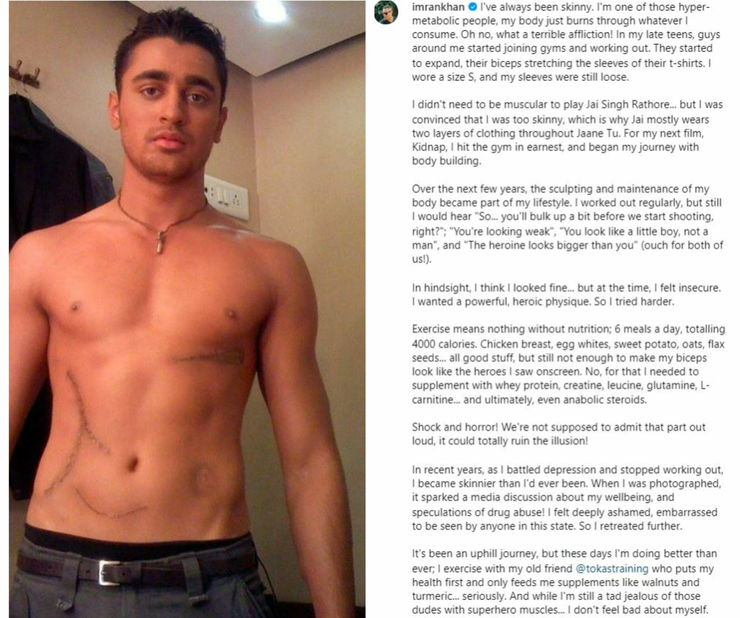 Imran Khan's post on Instagram about his struggle with depression and body image