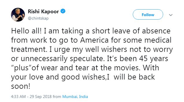 Rishi Kapoor's tweet about his illness