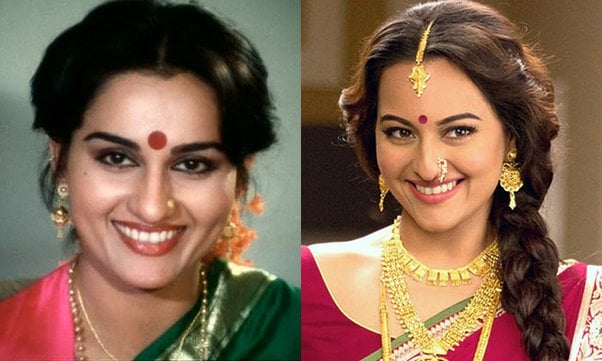 A picture comparing the looks of Reena Roy and Sonakshi Sinha