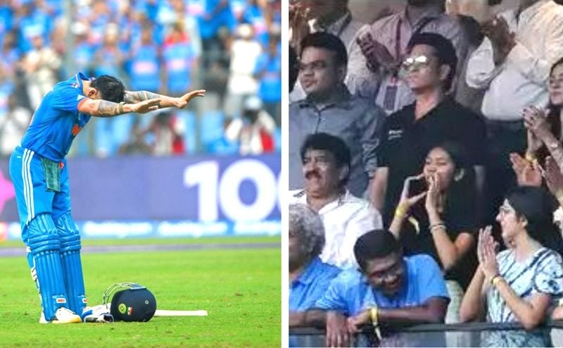 Virat Kohli while bowing down to Sachin Tendulkar after hitting the 50th ODI ton at the 2023 ICC Men's Cricket World Cup