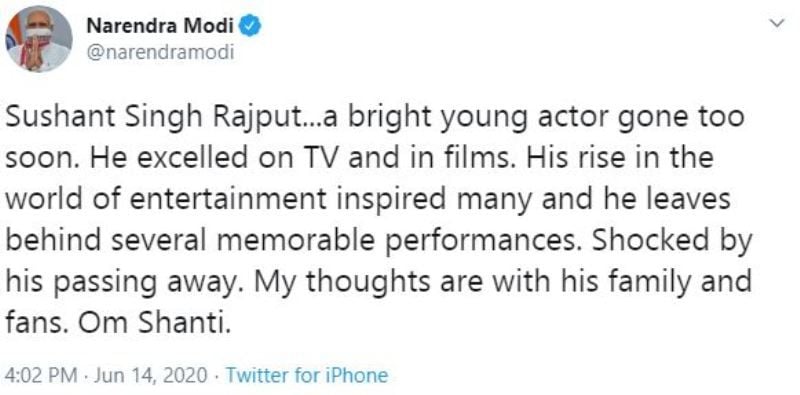 Narendra Modi's Tweet on Sushant Singh Rajput's Death