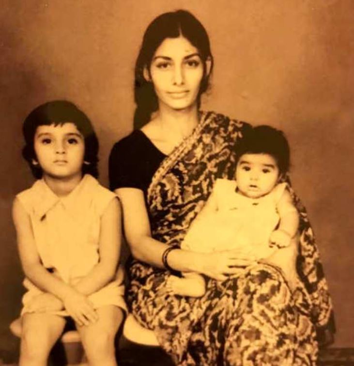 Childhood picture of Tabu (sitting in her mother's lap) with mother and sister, Farah Naaz