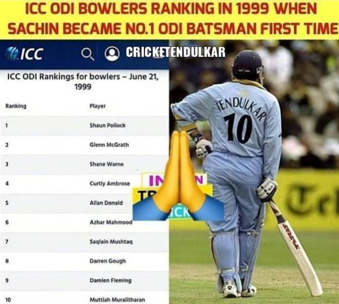 ICC bowlers ODI ranking in 1999 when Sachin Tendulkar became no. 1 ODI batsman for the first time