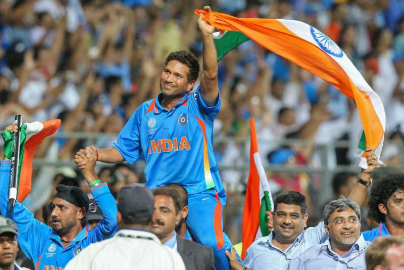 Sachin Tendulkar celebrating the 2011 ICC Cricket World Cup win after being lifted on the shoulders of his teammates