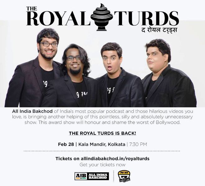 A promotional poster of The Royal Turds featuring the AIB quartet, Tanmay Bhat, Rohan Joshi, and Gursimran Khamba, Ashish Shakya