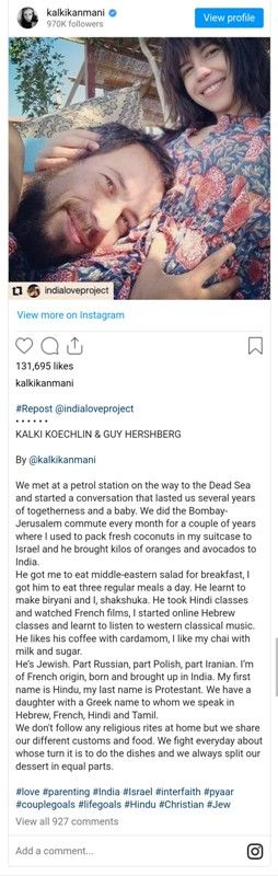 A snip of Kalki Koechlin's Instagram post