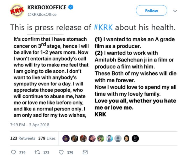 Kamaal R Khan’s tweet on his cancer
