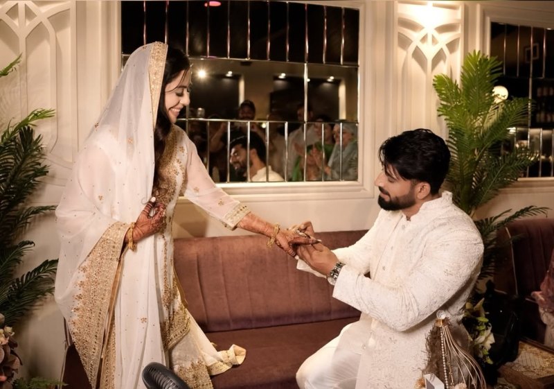 A picture of Mohsin Akhtar Mir and Nidhaa Bhatt from their intimate nikah ceremony