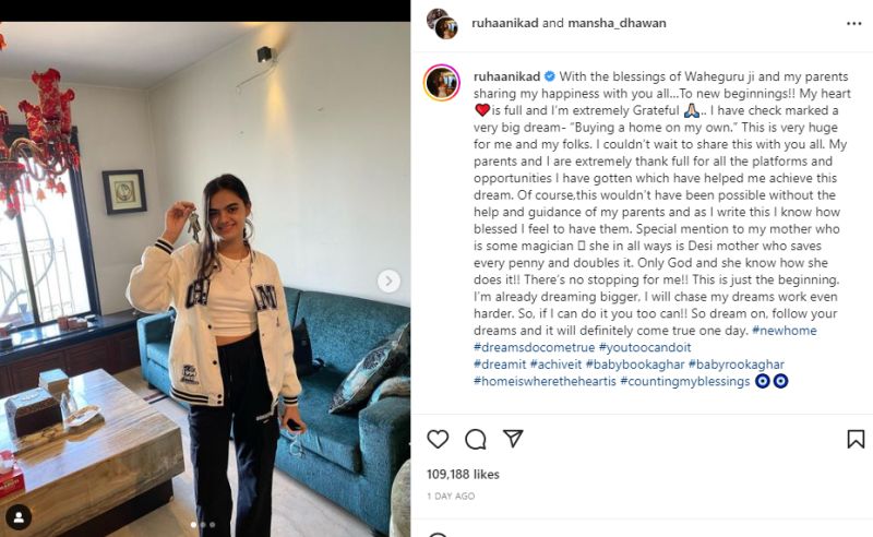 Ruhanika Dhawan's Instagram post about her home that she bought at the age of 15