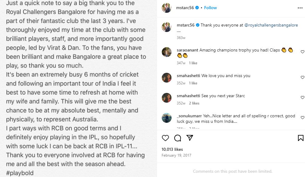 Mitchell Starc's Instagram post about his parting ways with the RCB in 2017