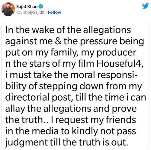 Sajid Khan's tweet on allegations