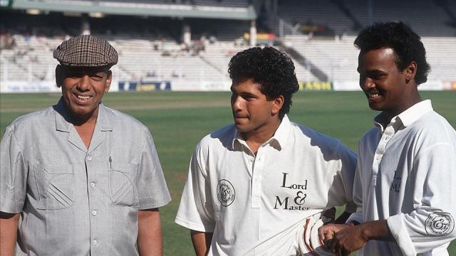Vinod Kambli, Sachin Tendulkar with their coach, Ramakant Achrekar