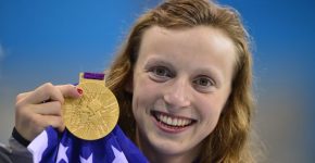 Katie Lendecky with the gold medal she won at the London Olympics