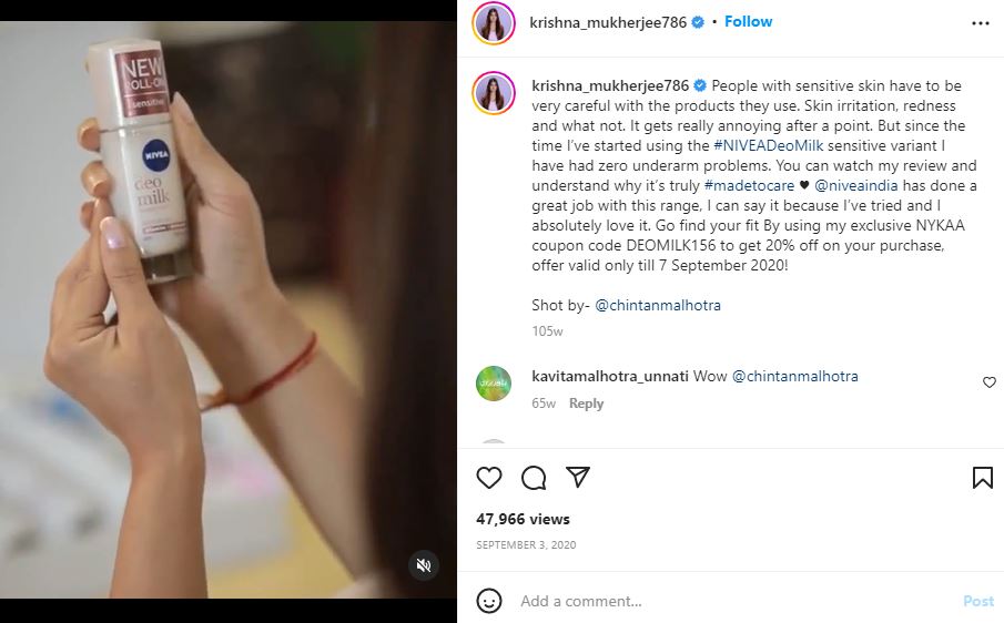 Krishna Mukherjee endording Nivea products on her Instagram account