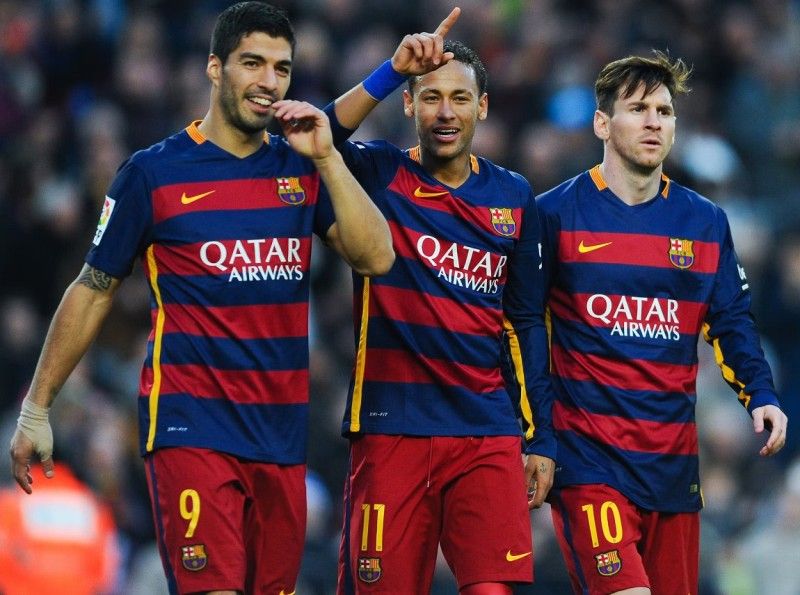 Luis Suárez, Neymar, and Lionel Messi (left to right) when they played for FC Barcelona