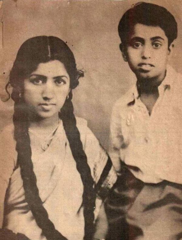 A rare old photograph showing teenage Lata Mangeshkar with young Hridaynath