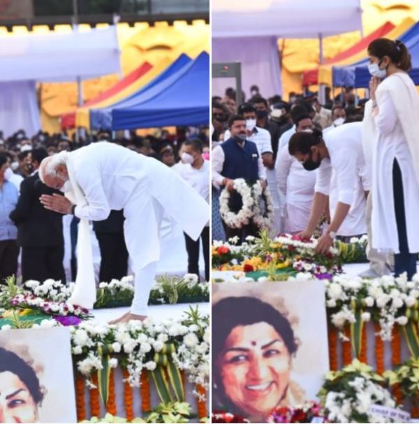 Prime Minister Narendra Modi (left) and Shah Rukh Khan (right) paying their last tributes to Lata Mangeshkar on 6 February 2022 at Shivaji Park in Mumbai