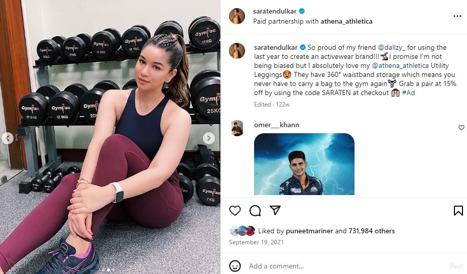 Sara Tendulkar endorsing Athena gym wear on Instagram