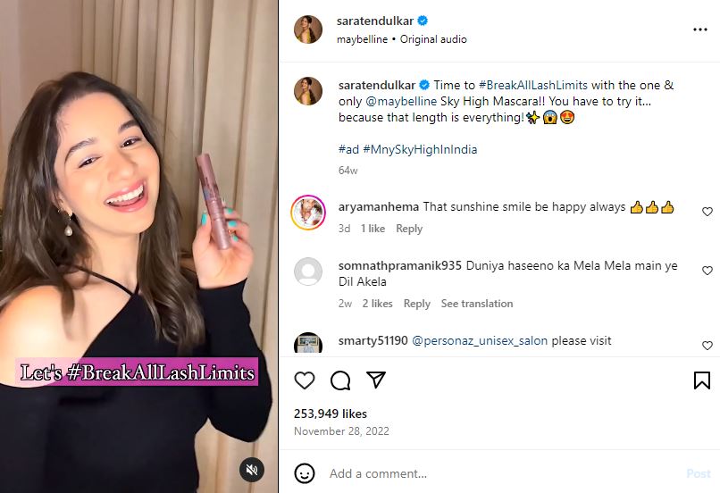 Sara Tendulkar endorsing Maybelline's Mascara