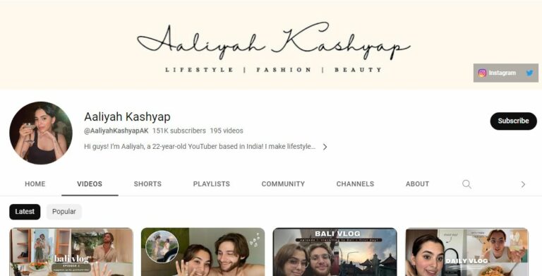 Aaliyah Kashyap's YouTube channel
