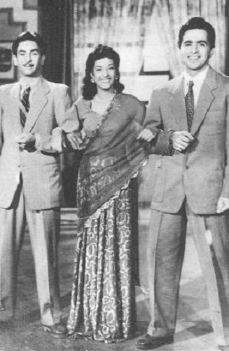 Raj Kapoor, Nargis, and Dilip Kumar on the sets of Andaz