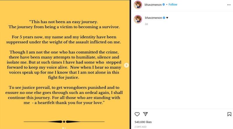Bhavana Menon's Instagarm post about her sexual assault