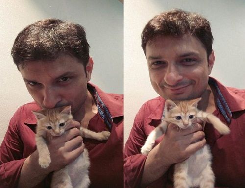 A collage of Rushad Rana with his cat