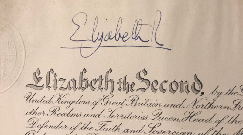 Signature of Queen Elizabeth II on an official document