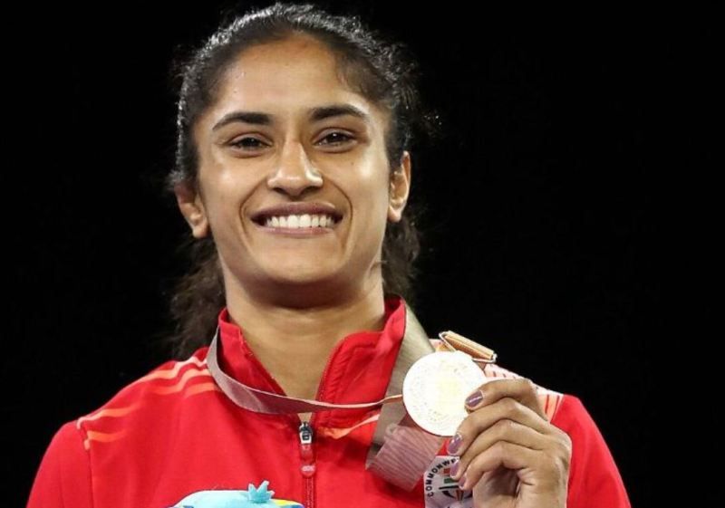 Vinesh Phogat poses with her gold medal at the 2018 Commonwealth Games