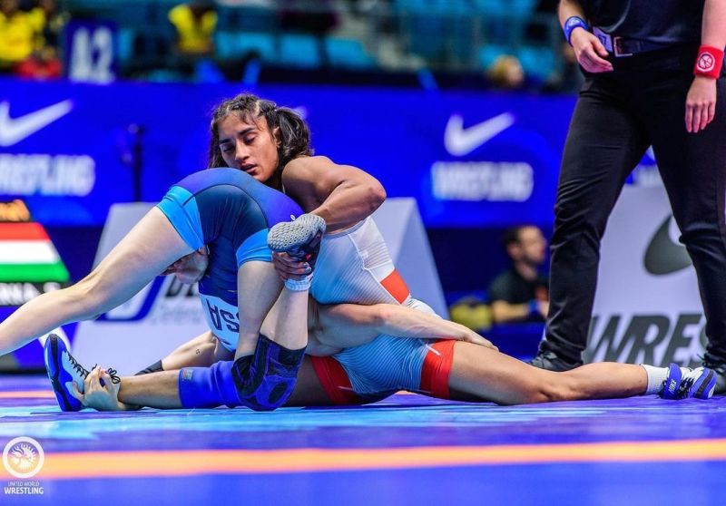 Vinesh Phogat while wrestling in a championship