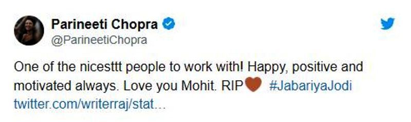 Parineeti Chopra's Tweet on Mohit Baghel's Demise