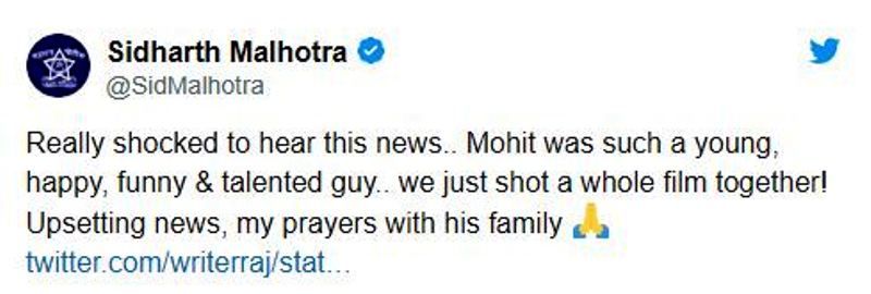 Sidharth Malhotra's Tweet on Mohit Baghel's Demise