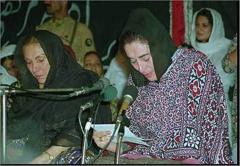 Bhutto (right), with her mother, Nusrat, broke into tears while delivering a condolence speech in Karachi in September 1996, after the assassination of her brother, Mir Murtaza Bhutto