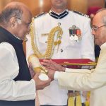 President Pranab Mukherjee honours NCP President Sharad Pawar with Padma Vibhushan during Padma Awards 2017