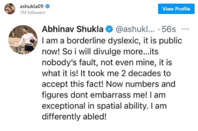 Abhinav Shukla's Instagram post about being borderline dyslexic