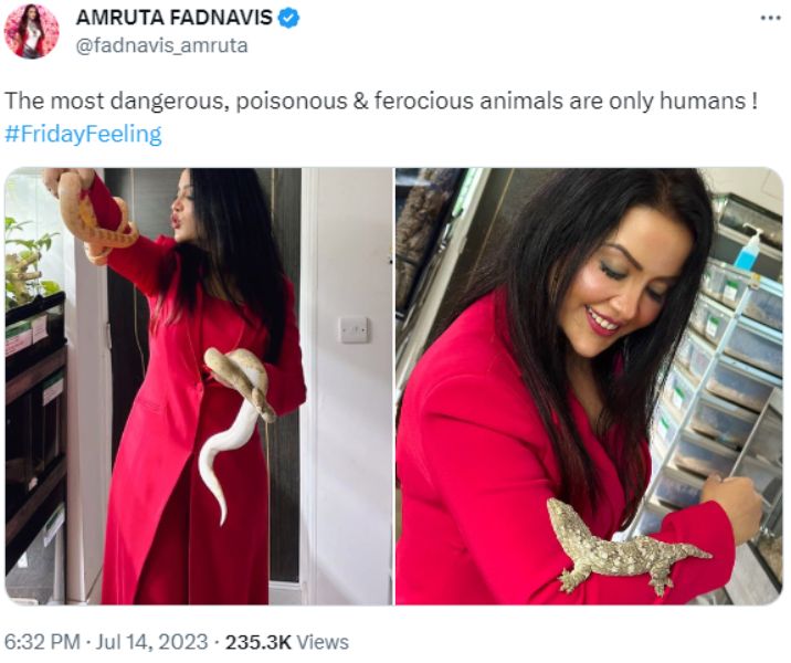 Amruta Fadnavis shared images on Twitter posing with reptiles in July 2023