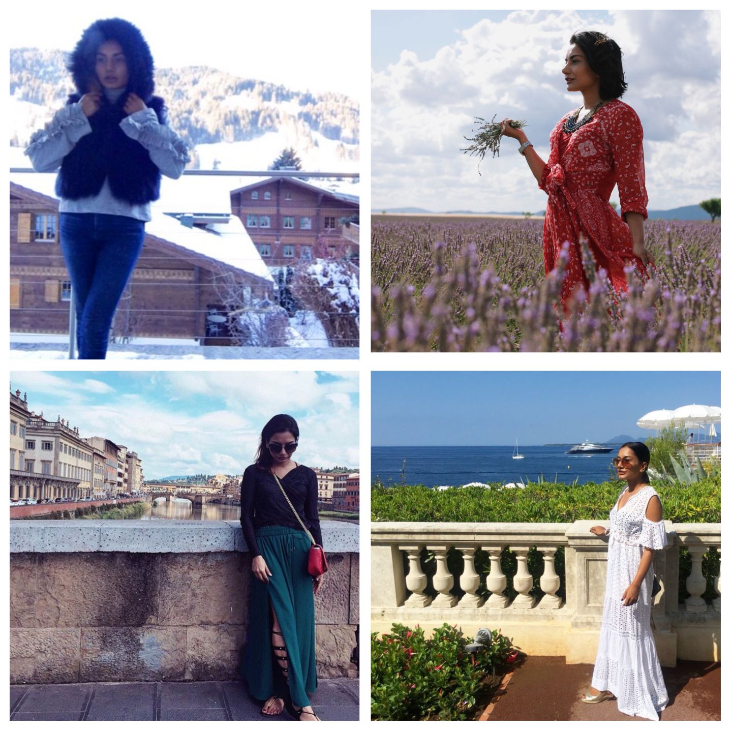 A collage of photographs of Jayanti Chauhan taken in different countries
