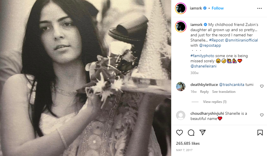 An Instagram post shared by Indian actor Shah Rukh Khan, where he talked about naming Zubin Irani's daughter 'Shanelle'