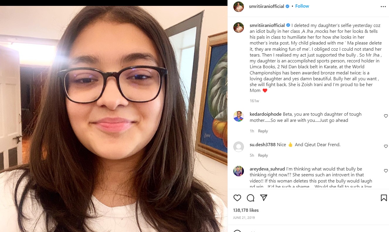 Smriti Irani's Instagram post about Zoish after she got bullied in school