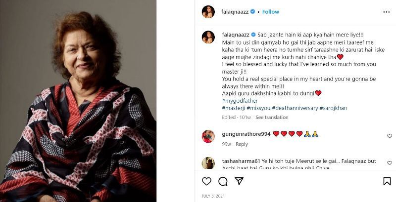 Falaq Naaz's Instagram post about Saroj Khan