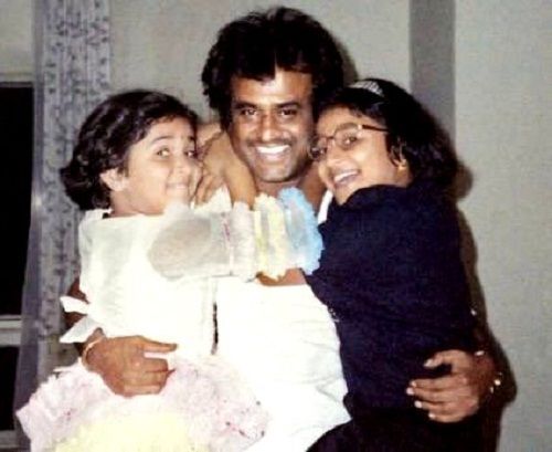 Soundarya Rajinikanth childhood picture (Left) with her father Rajinikanth and sister Aishwarya R. Dhanush (Right)