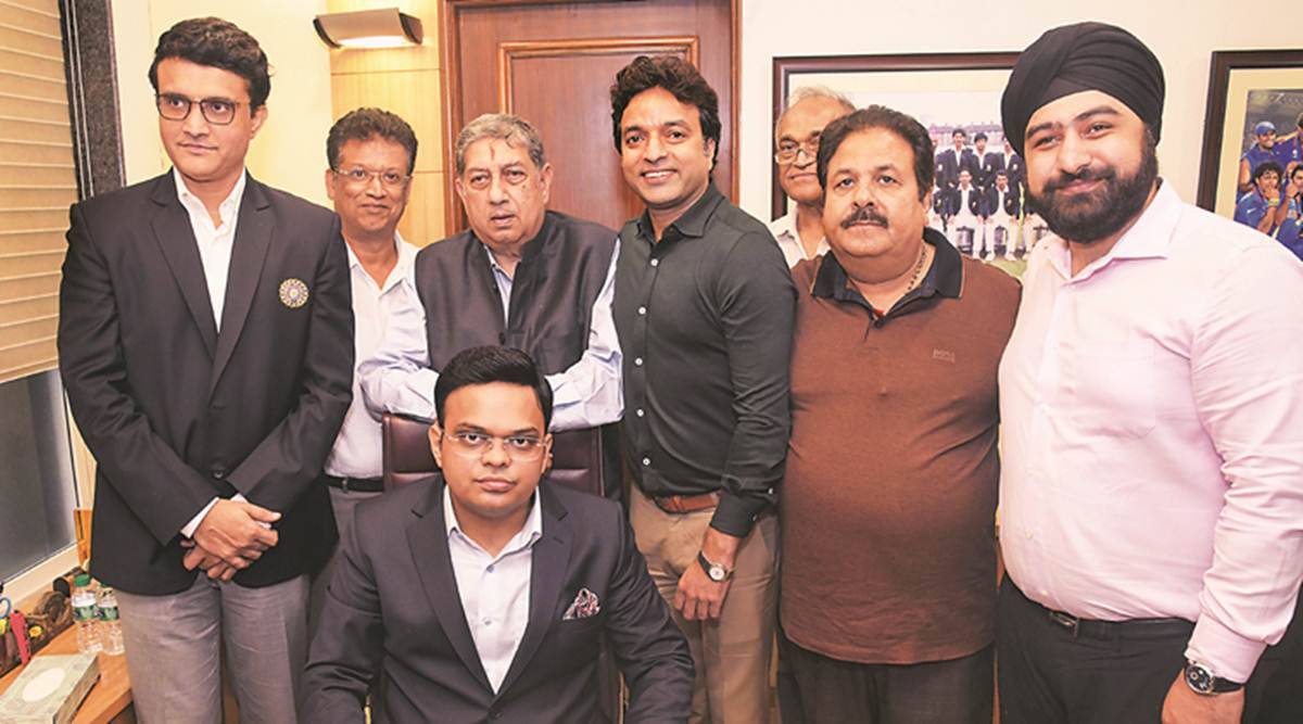 Jay Shah, along with Sourav Ganguly, N. Srinivasan, Rajeev Shukla and other BCCI officials, at his office allotted by the BCCI