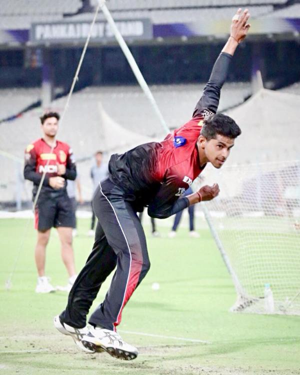 Shivam Mavi bowling during a practice session for KKR