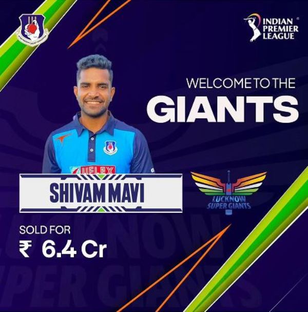 Shivam Mavi was sold to Lucknow Super Giants for Rs. 6.40 crore in the 2024 IPL Auction