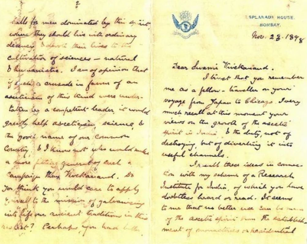 Letter written by Jamshedji Tata to Swami Vivekananda talking about their voyage together