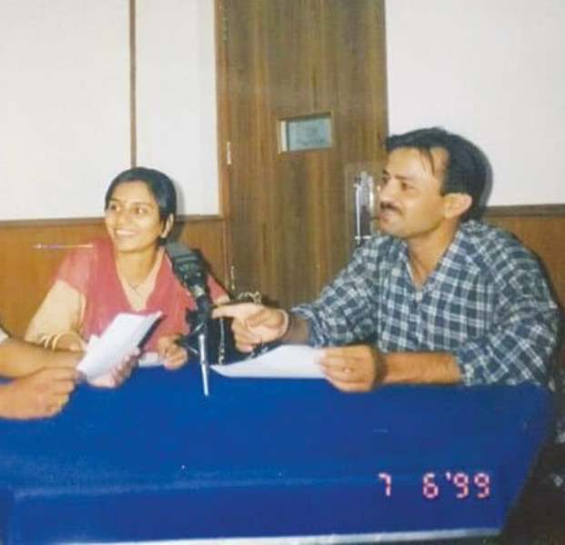 Manish Sisodia and Seema Sisodia at a radio station